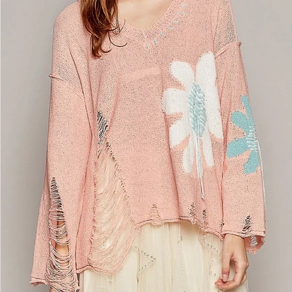 121. POL LAST 1! CLEARANCE embroidered lightweight distressed flower sweater - Picture 3 of 4